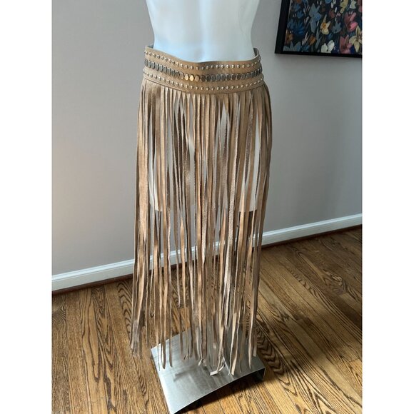 Streets Ahead Accessories - STREETS AHEAD Fringe Studded Long Leather Belt Festival Beige Silver Size Small